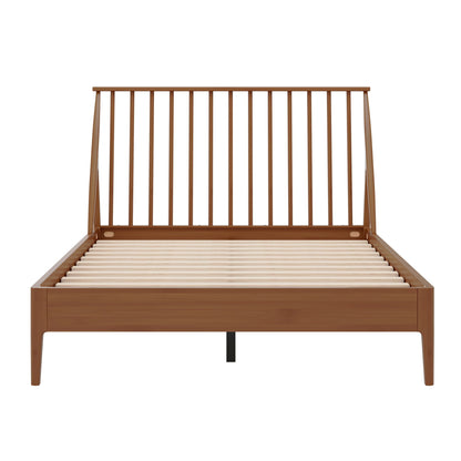 Bohemian platform bed with tall headboard in warm wood finish, slatted platform base on Tampa Home & Garden Store
