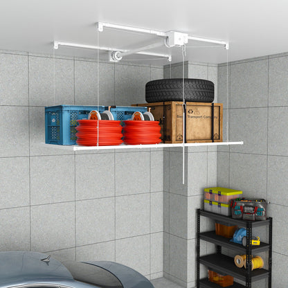 Overhead white storage rack with crank system by HouseOfZazla storing tire and boxes on Tampa Home & Garden Store