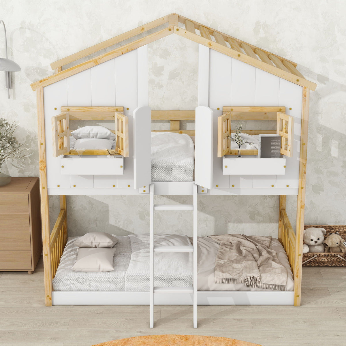 HouseOfZazla bunk bed with roof and windowed house design pine frame ladder and guardrails on Tampa Home & Garden Store