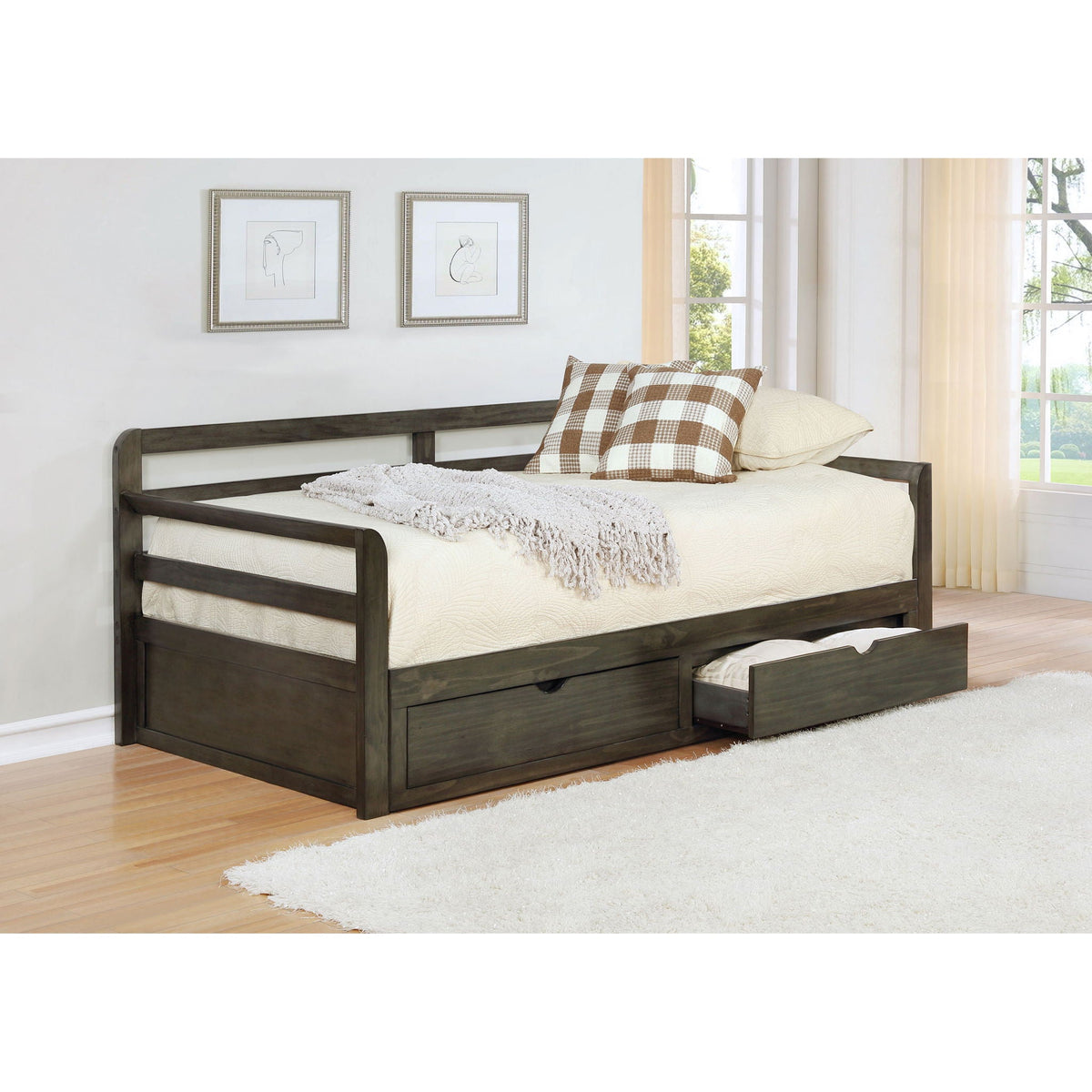 Twin Daybed With Trundle and Storage Drawers Gray
