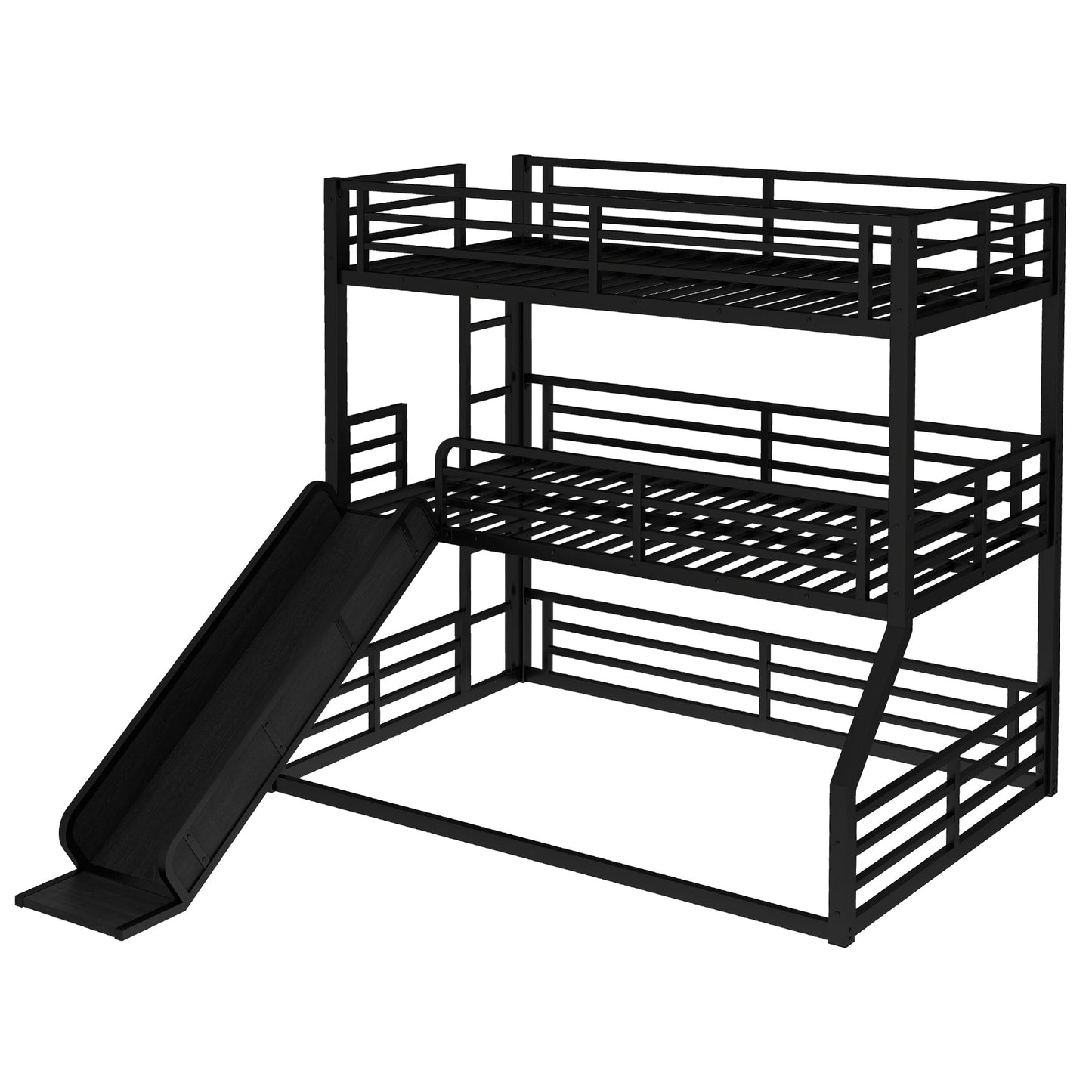 Twin Over Twin Over Full Bunk Bed with Slide black metal frame by HouseOfZazla with guard rails on Tampa Home & Garden Store