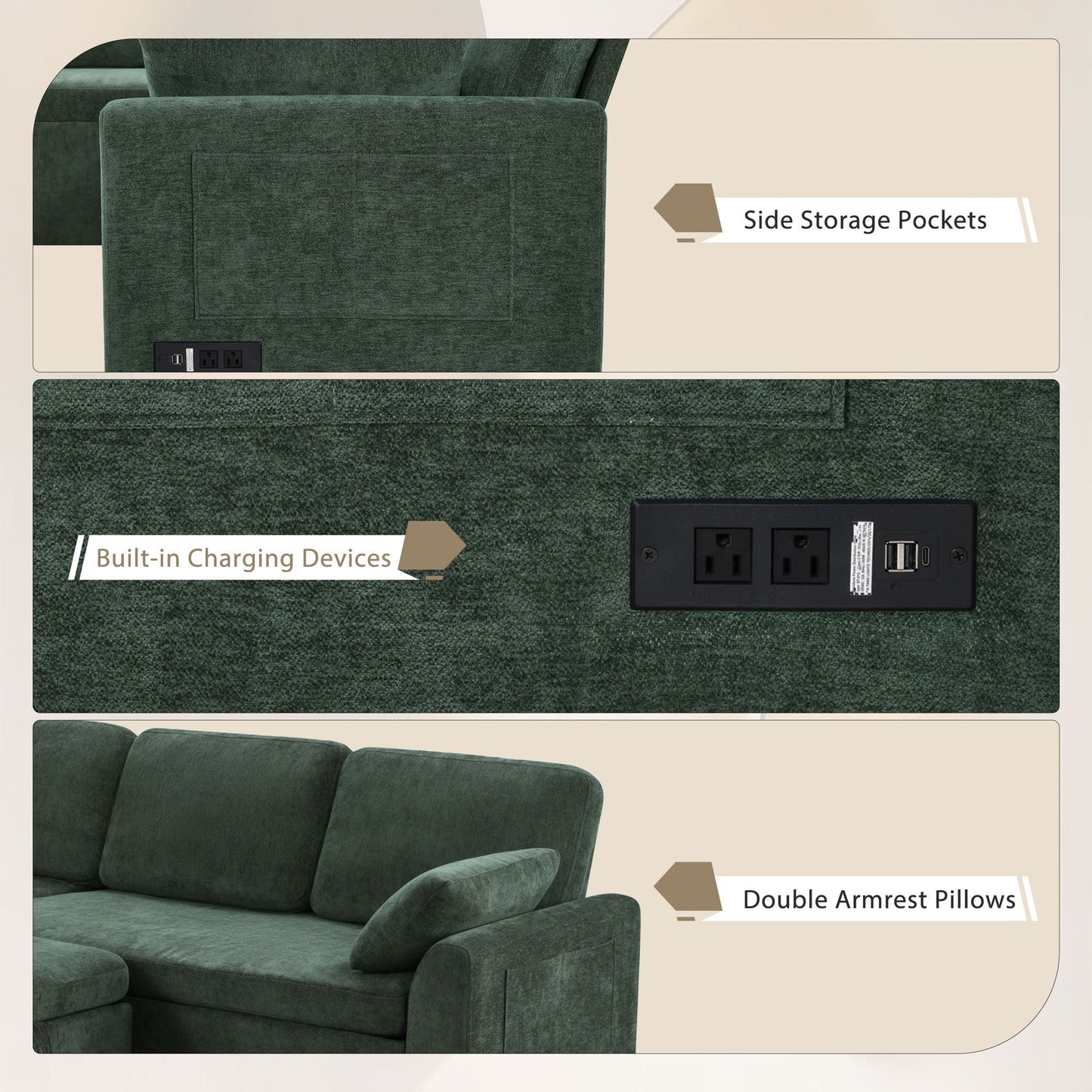 Convertible U-Shaped Sectional Sofa Bed in green velvet with reversible chaise and USB charging on Tampa Home & Garden Store
