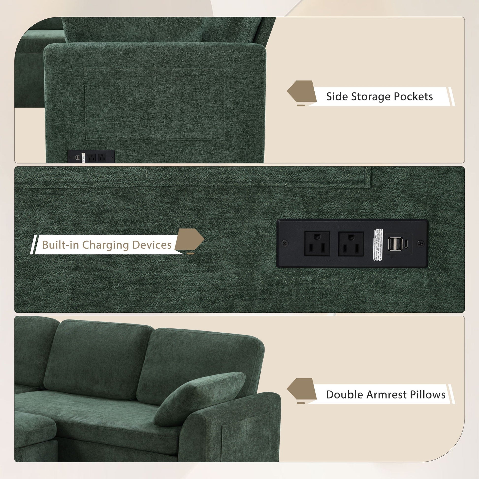 Convertible U-Shaped Sectional Sofa Bed in green velvet with reversible chaise and USB charging on Tampa Home & Garden Store
