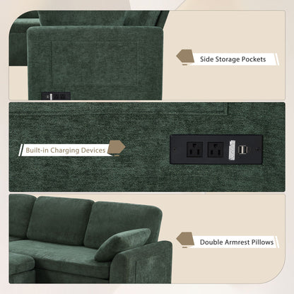 Convertible U-Shaped Sectional Sofa Bed in green velvet with reversible chaise and USB charging on Tampa Home & Garden Store