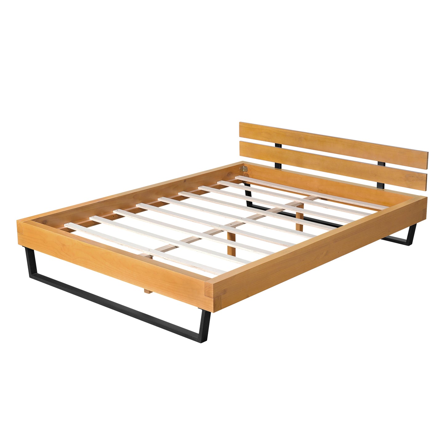 a Queen Pine Bed Frame and Black Iron Accents