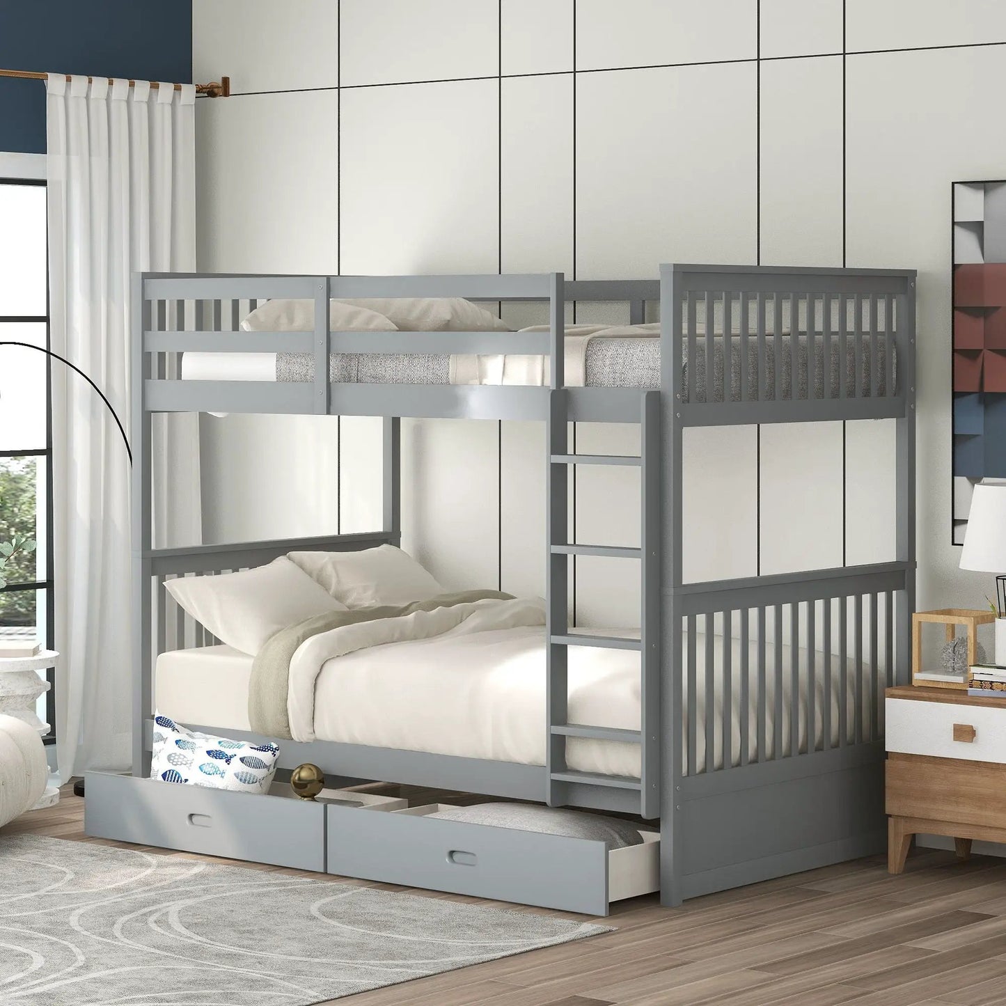 Bunk Bed With Ladders And 2 Storage Drawers, gray metal frame on Tampa Home & Garden Store