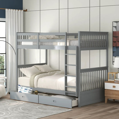 Bunk Bed With Ladders And 2 Storage Drawers, gray metal frame on Tampa Home & Garden Store