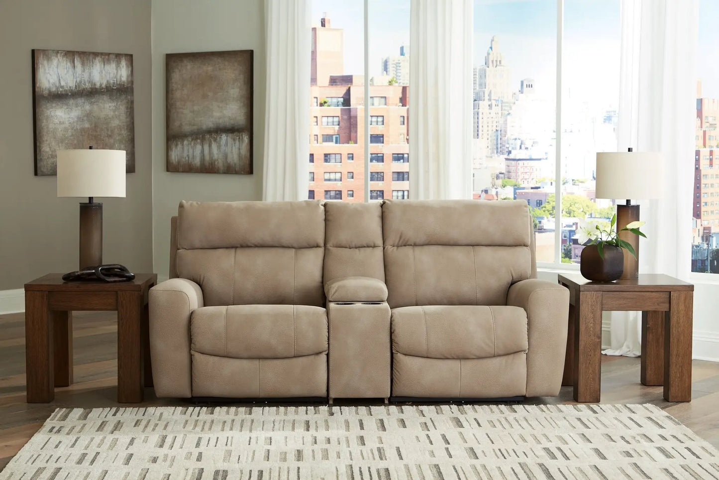 Next-Gen Durapella reclining sectional in tan fabric with plush cushioned seating on Tampa Home & Garden Store