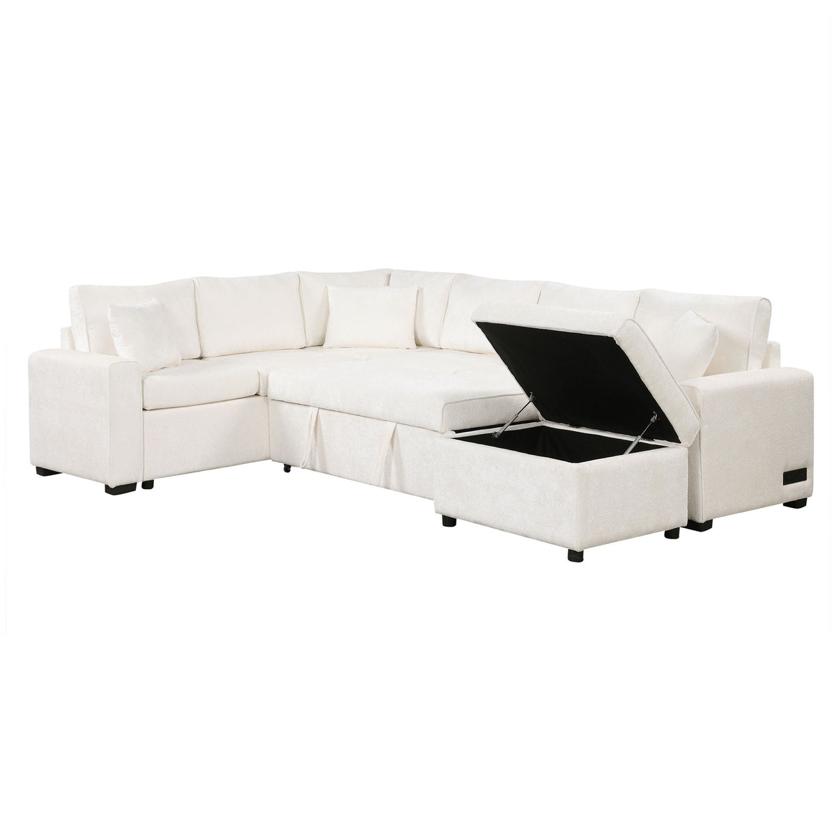 White sleeper sectional with pull-out bed, storage ottoman, and three pillows on Tampa Home & Garden Store