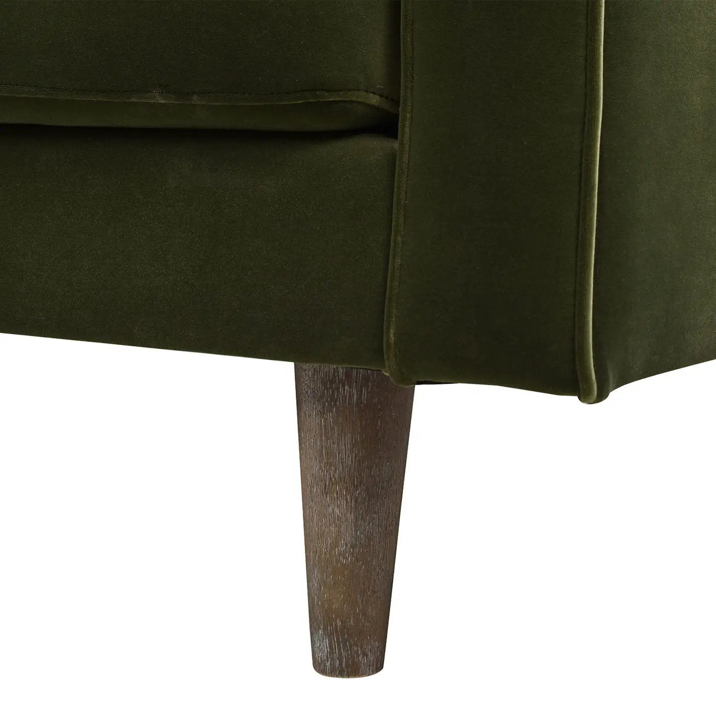 Nicholas mid-century sofa olive green velvet with piped edge and tapered wood leg on Tampa Home & Garden Store