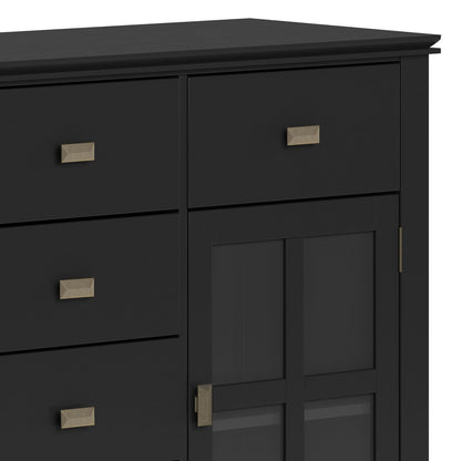 Solid wood black sideboard with gold square drawer pulls and glass-front cabinet on Tampa Home & Garden Store