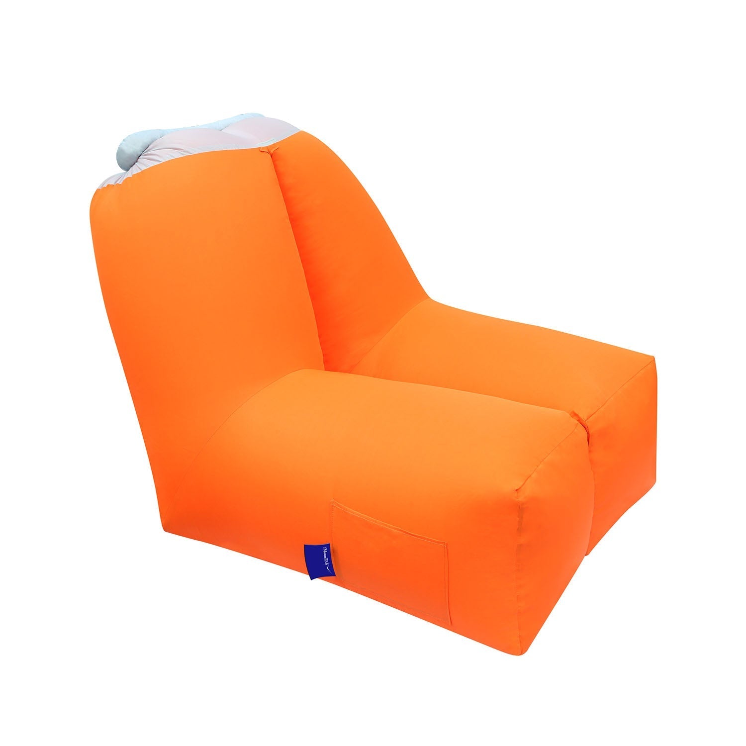 GemGear inflatable lounger chair in bright orange with blue brand tag on Tampa Home & Garden Store