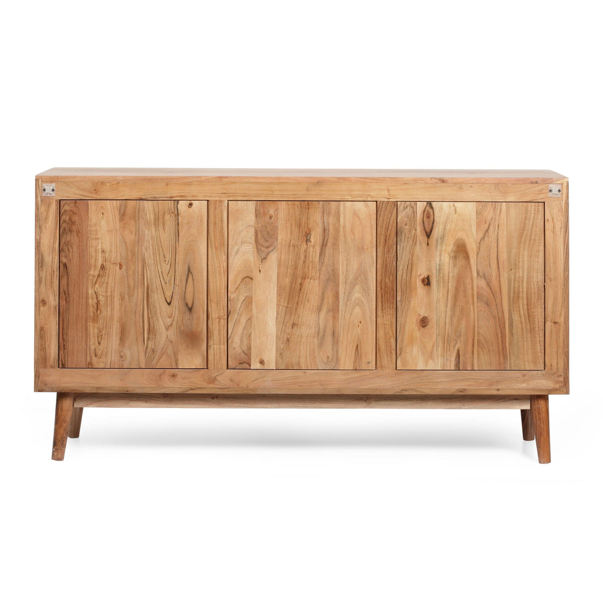 Boho handcrafted 3-door sideboard in natural wood with carved texture, metal brackets on Tampa Home & Garden Store