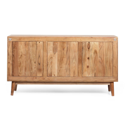 Boho handcrafted 3-door sideboard in natural wood with carved texture, metal brackets on Tampa Home & Garden Store