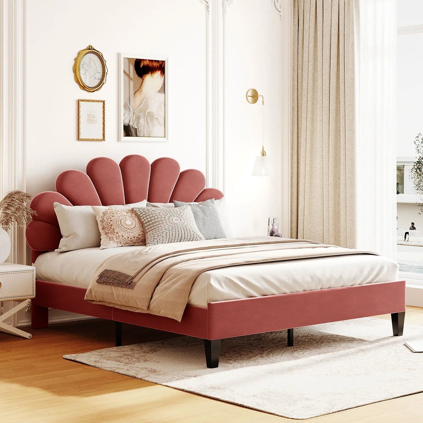 Upholstered platform bed with pink flower-pattern headboard, neutral bedding, Unique Piece Furniture on Tampa Home & Garden Store