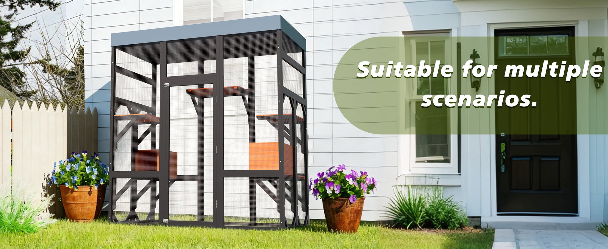 62.6-inch Solid Wood Pet Enclosure HouseOfZazla; black frame, wire mesh, orange shelves on Tampa Home & Garden Store