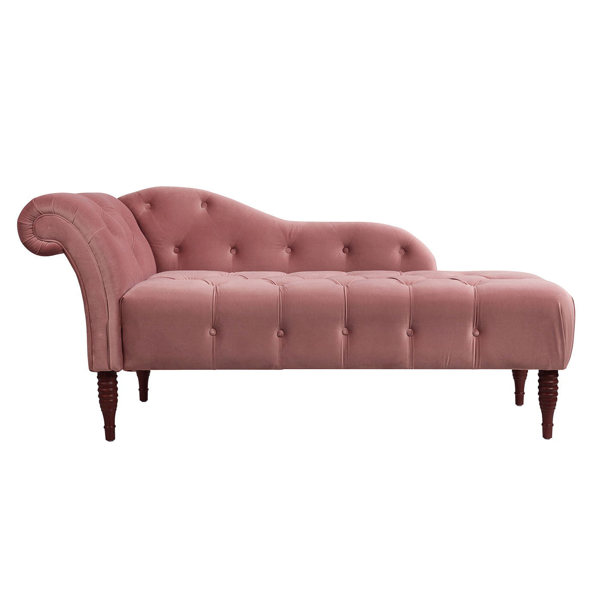 HouseOfZazla pink velvet tufted roll-arm chaise lounge with button tufting and wooden legs on Tampa Home & Garden Store