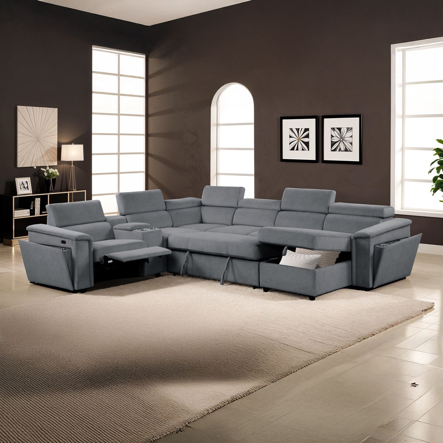 Harvey Power Recliner Sleeper Sectional in gray-blue fabric with multiple recliners on Tampa Home & Garden Store