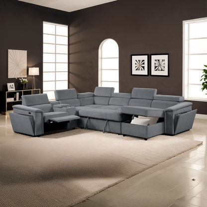 Harvey Power Recliner Sleeper Sectional in gray-blue fabric with multiple recliners on Tampa Home & Garden Store