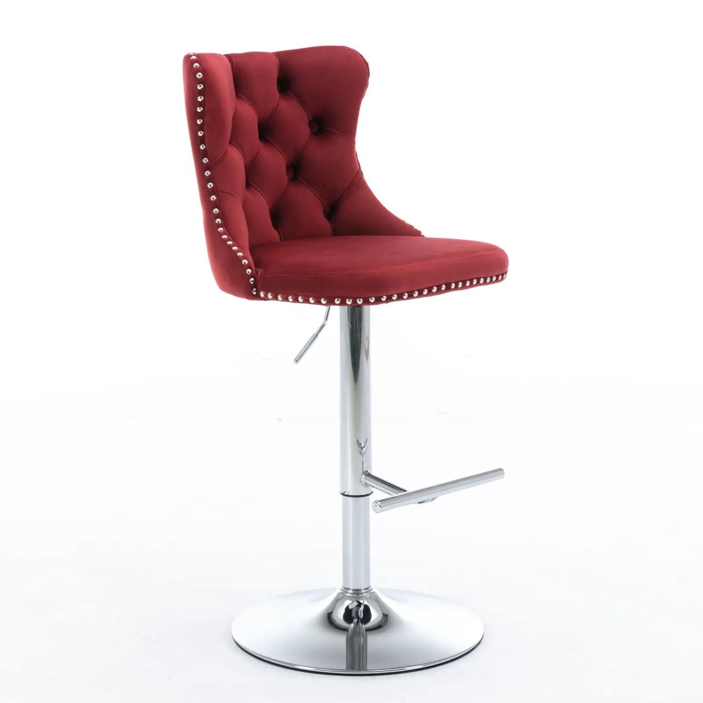 Red tufted swivel bar stool with nailhead trim, height adjustable 25–33 in, chrome base on Tampa Home & Garden Store