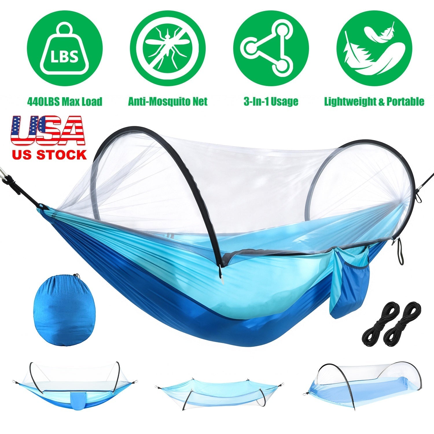 GemGear camping hammock with mosquito net, blue/white, 3-in-1 portable design, 440lbs max load on Tampa Home & Garden Store