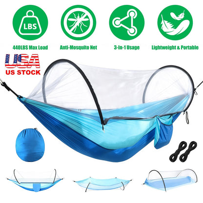 GemGear camping hammock with mosquito net, blue/white, 3-in-1 portable design, 440lbs max load on Tampa Home & Garden Store