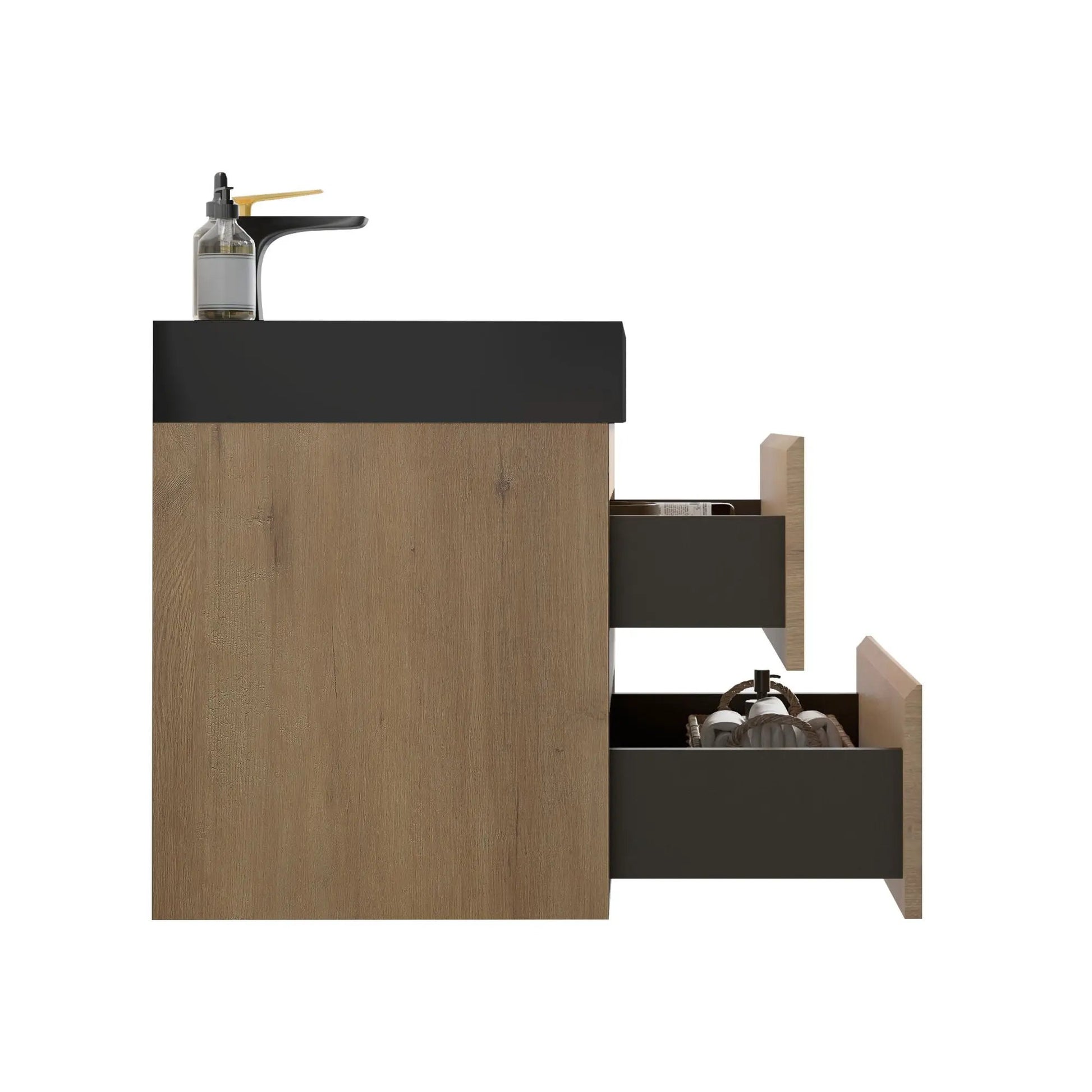 Alice natural oak bathroom vanity with sink, floating wall-mounted with black countertop on Tampa Home & Garden Store
