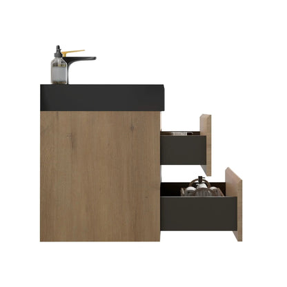 Alice natural oak bathroom vanity with sink, floating wall-mounted with black countertop on Tampa Home & Garden Store