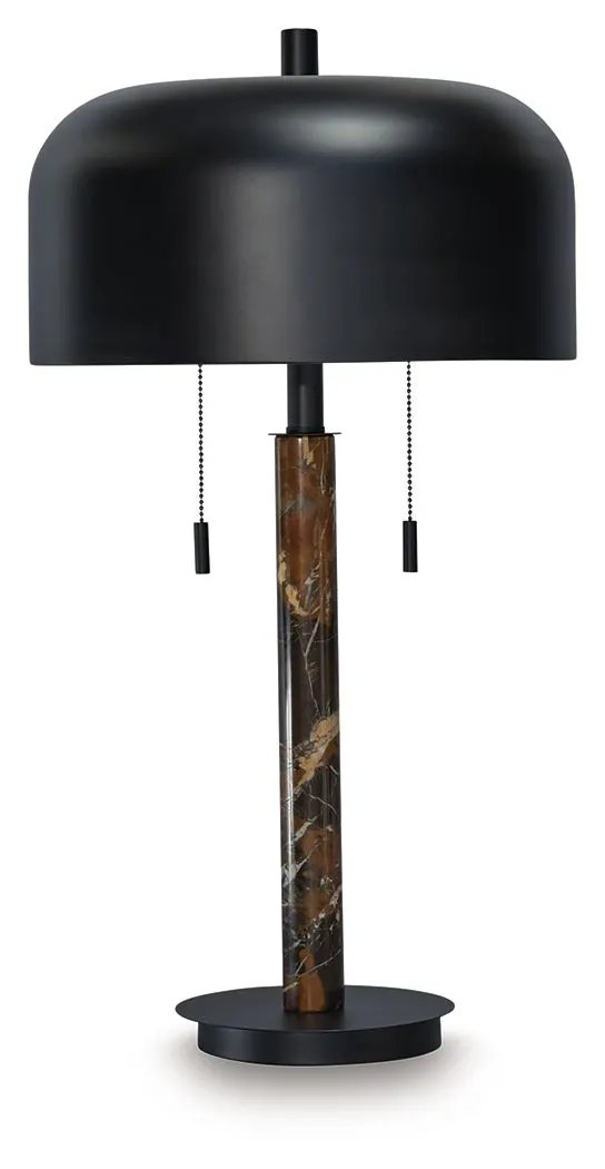 Alanbert Metal Table Lamp with brown marble column and black dome shade, pull chains on Tampa Home & Garden Store