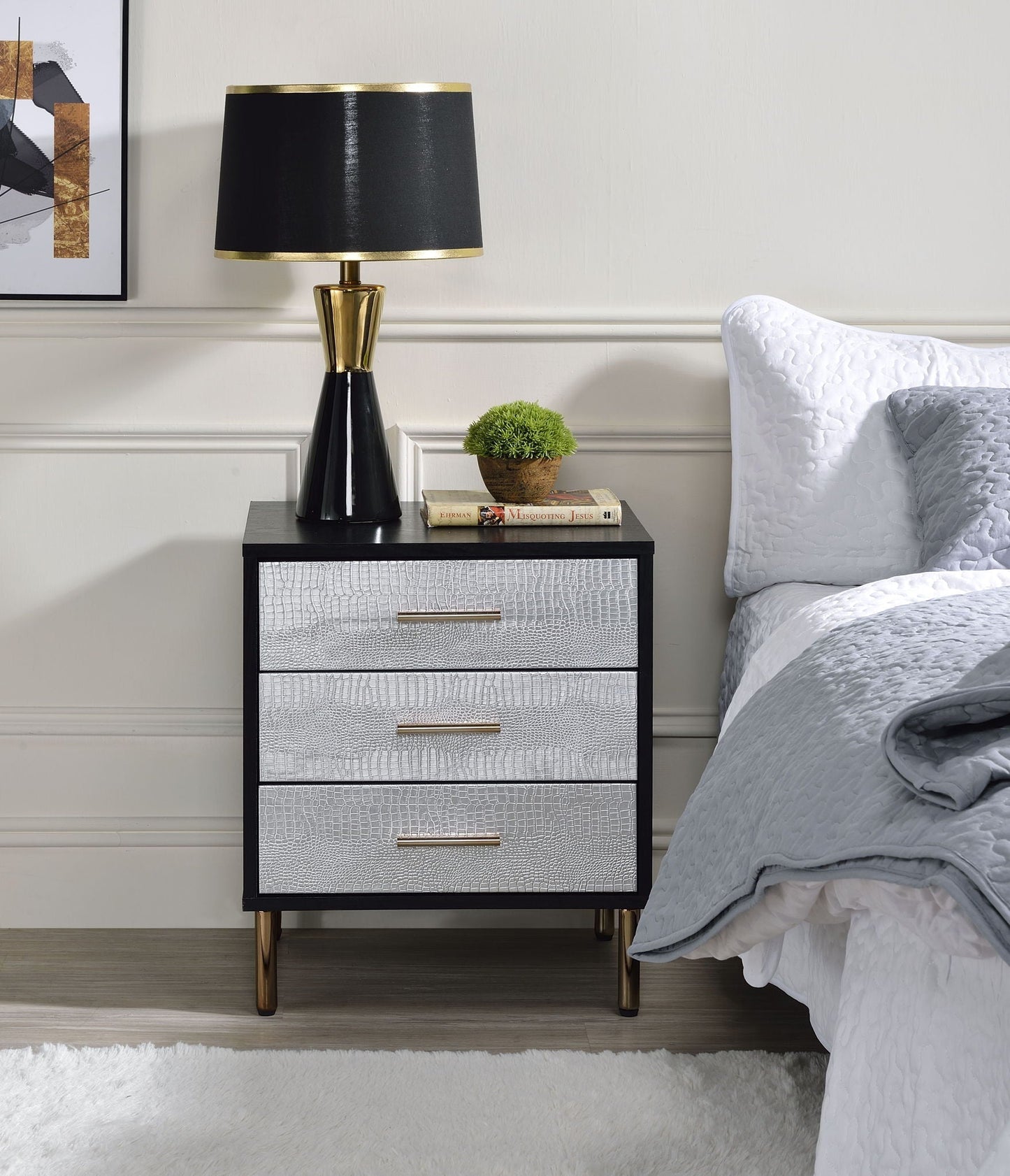 Myles accent nightstand black with silver textured drawer fronts, gold trim and legs on Tampa Home & Garden Store