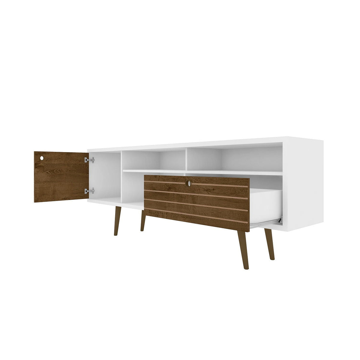 TV Stand with Wire Management, white body and light brown doors, tapered legs HouseOfZazla on Tampa Home & Garden Store