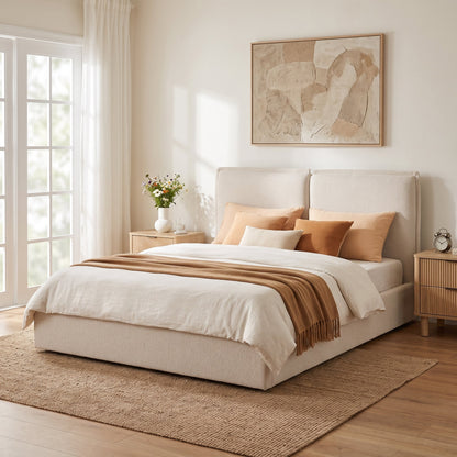 Double-Pillow Upholstered Bed in beige skin-friendly fabric with cream accents on Tampa Home & Garden Store