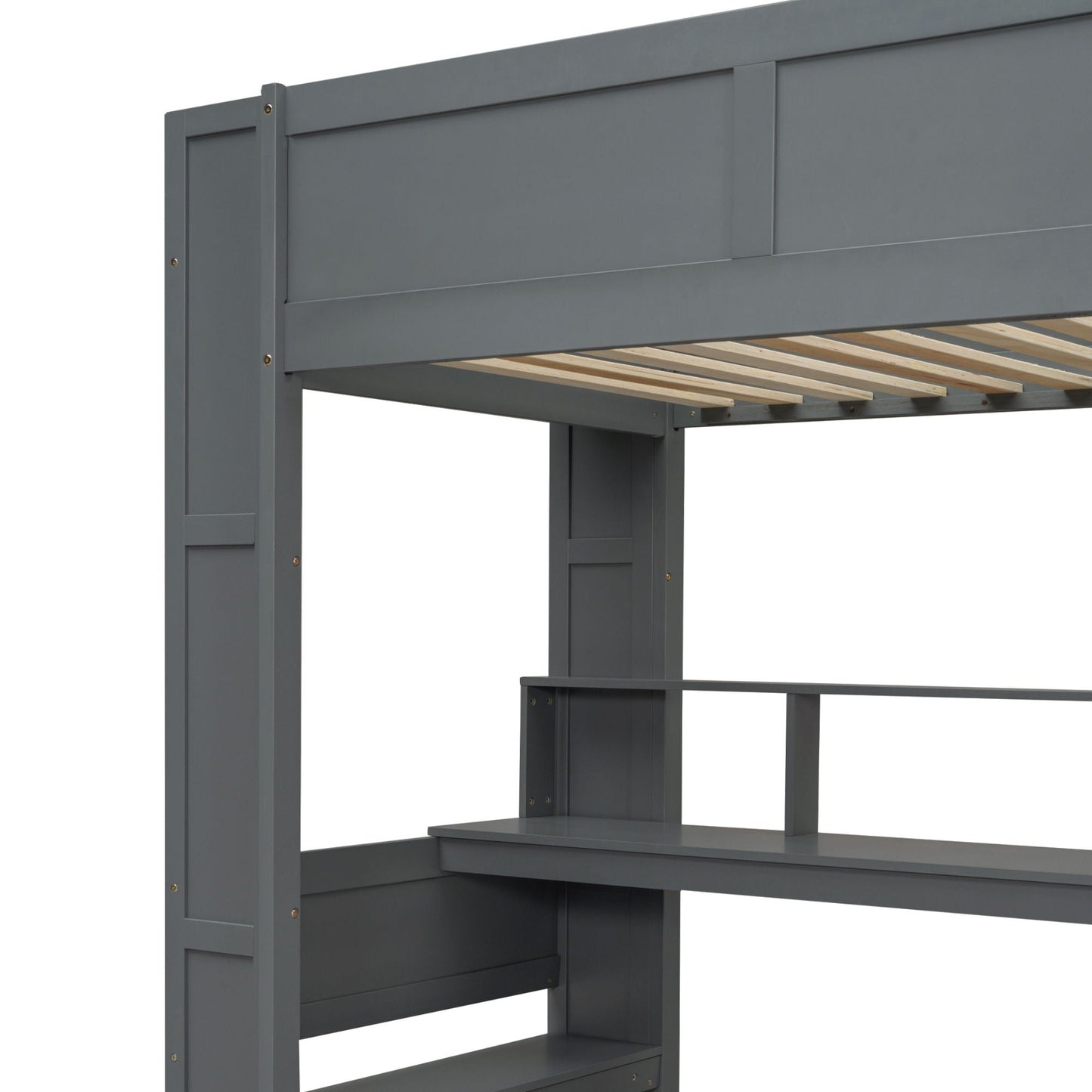 Gaming loft bed frame in gray metal with built-in desk and open shelving, slatted bed base on Tampa Home & Garden Store