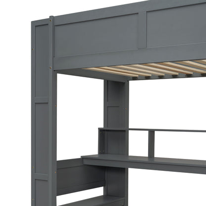 Gaming loft bed frame in gray metal with built-in desk and open shelving, slatted bed base on Tampa Home & Garden Store