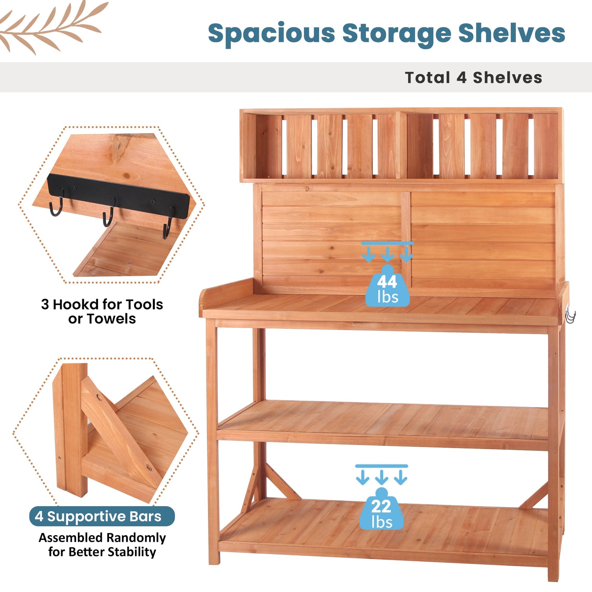 TOPMAX 65' wooden farmhouse potting bench by HouseOfZazla with slatted back and 3 hooks on Tampa Home & Garden Store