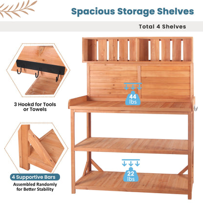 TOPMAX 65' wooden farmhouse potting bench by HouseOfZazla with slatted back and 3 hooks on Tampa Home & Garden Store