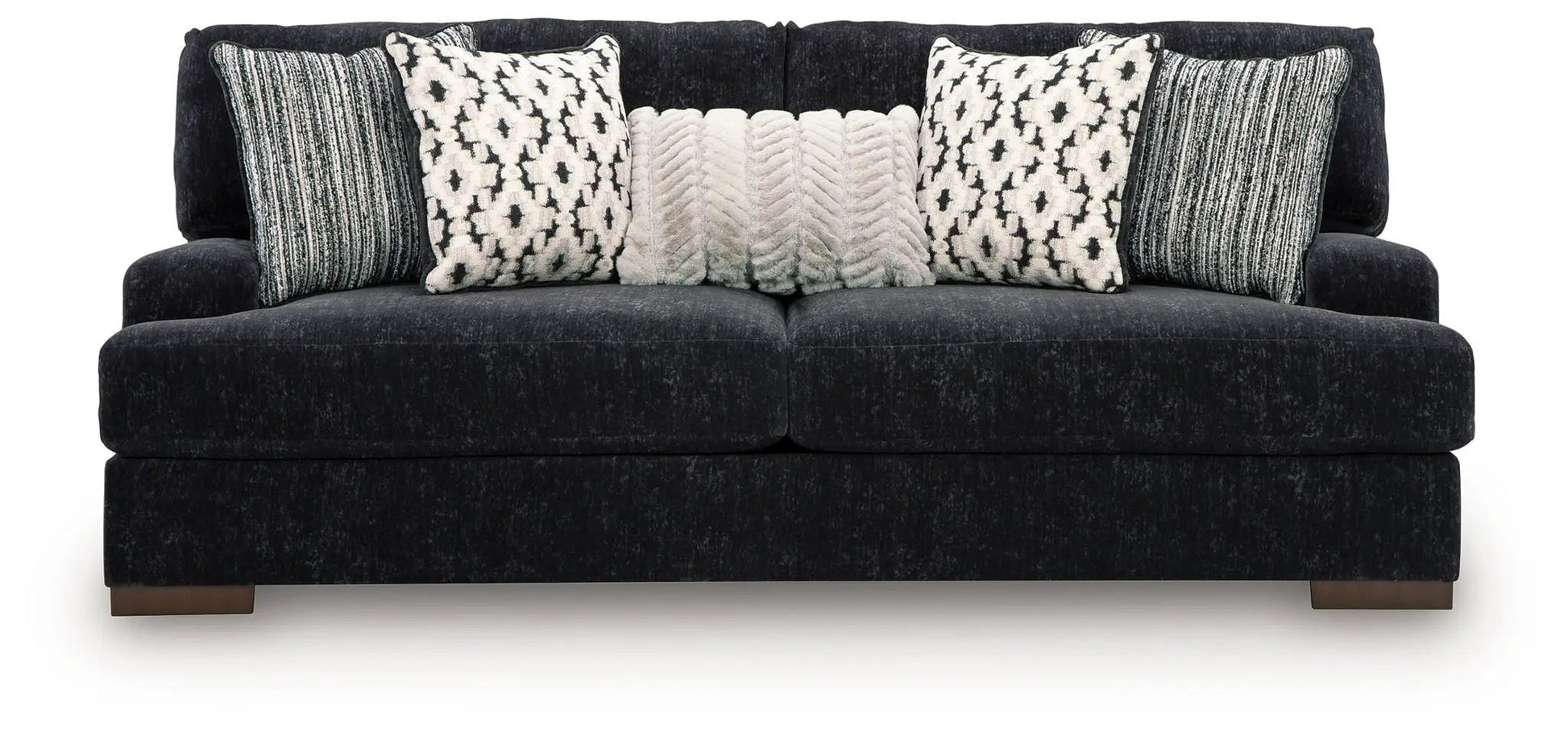 Whitmore Manor Sofa Black Pearl velvet with five decorative pillows on low wooden legs on Tampa Home & Garden Store