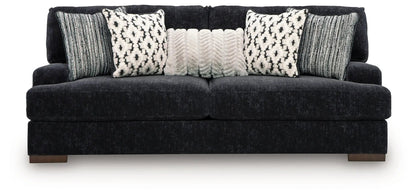Whitmore Manor Sofa Black Pearl velvet with five decorative pillows on low wooden legs on Tampa Home & Garden Store