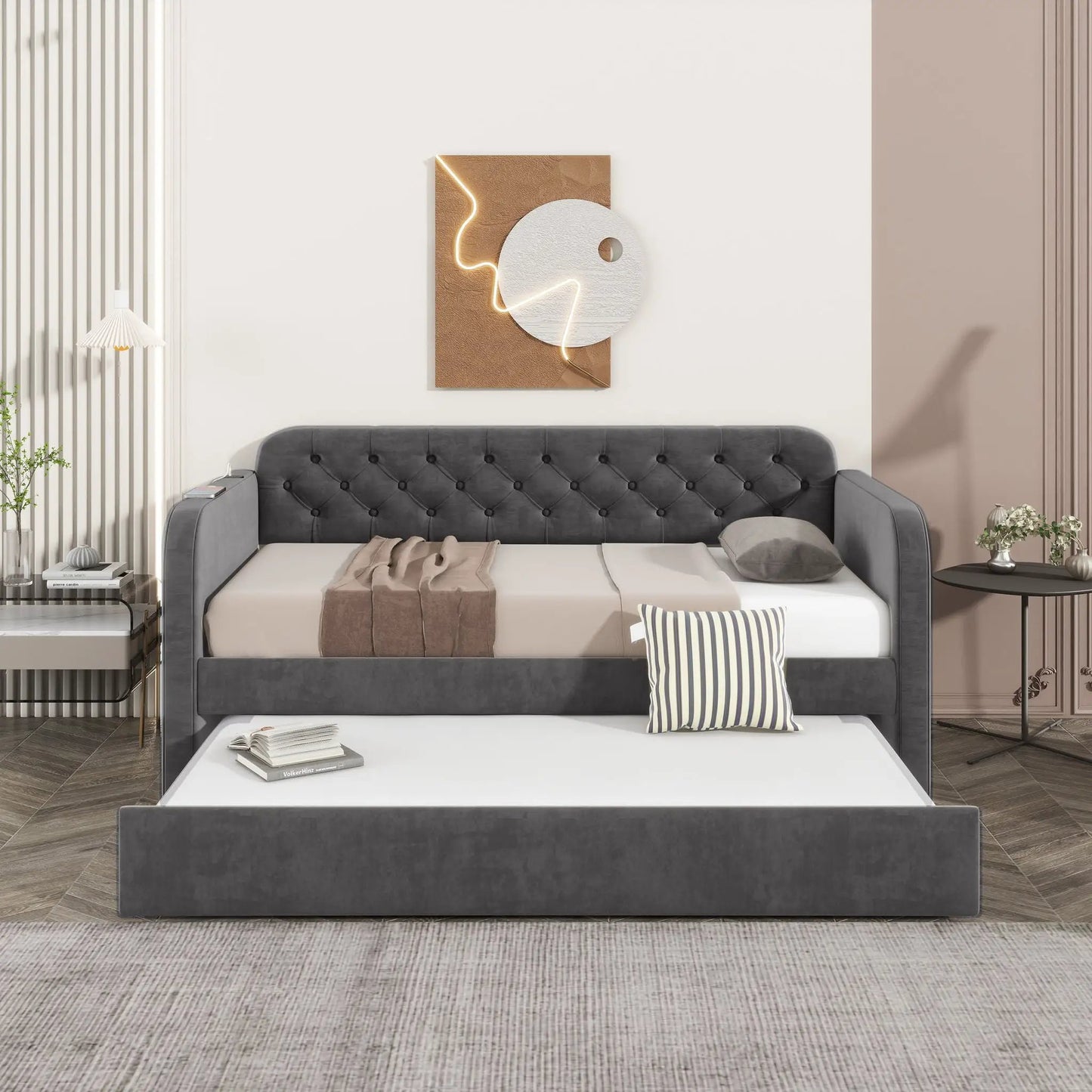 Upholstered Daybed With Trundle And USB Charging
