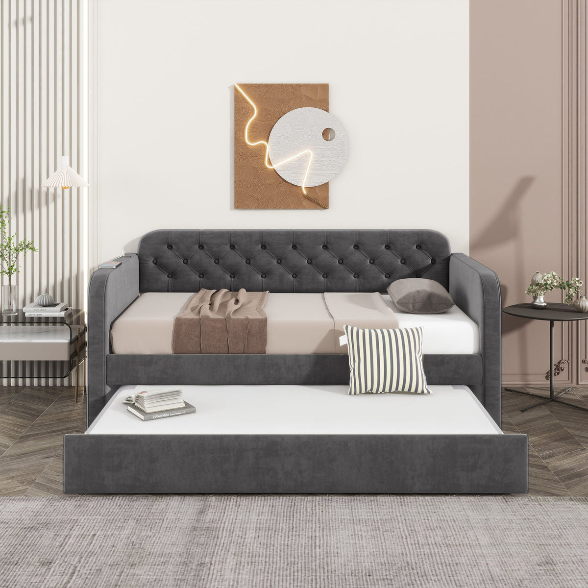 Upholstered Daybed With Trundle and USB Outlet