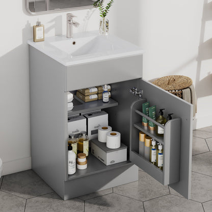 Bathroom vanity with sink in gray cabinet and adjustable shelf; open storage with essentials on Tampa Home & Garden Store