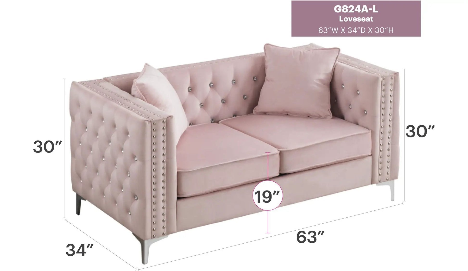 Elegant Track Arm Loveseat pink velvet tufted back and nailhead trim by Unique Piece Furniture on Tampa Home & Garden Store