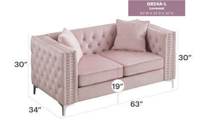 HouseOfZazla G824A-L stationary tufted blush pink track-arm loveseat in micro suede on Tampa Home & Garden Store