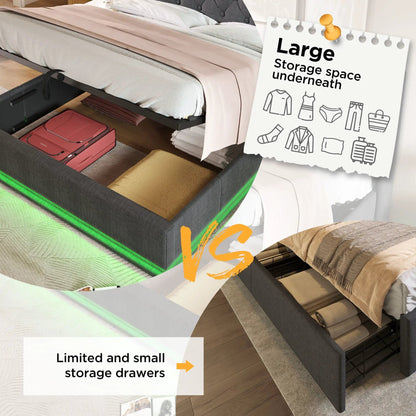 Upholstered storage bed with hydraulic lift drawers, 360 LED lighting, USB-C charging on Tampa Home & Garden Store