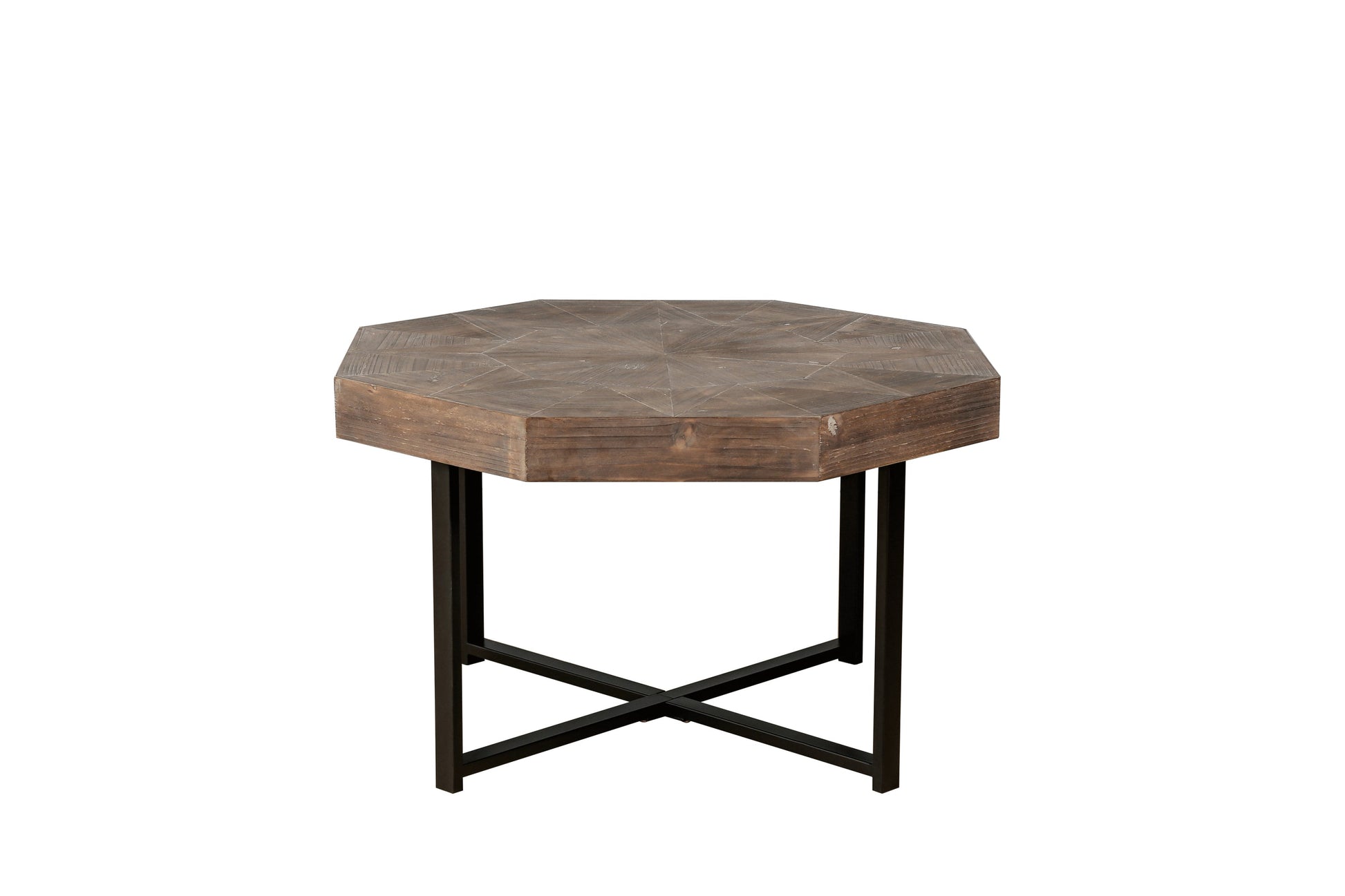 Wood octagonal vintage patchwork coffee table with rustic brown finish and black metal legs on Tampa Home & Garden Store