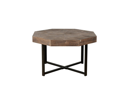 Wood octagonal vintage patchwork coffee table with rustic brown finish and black metal legs on Tampa Home & Garden Store