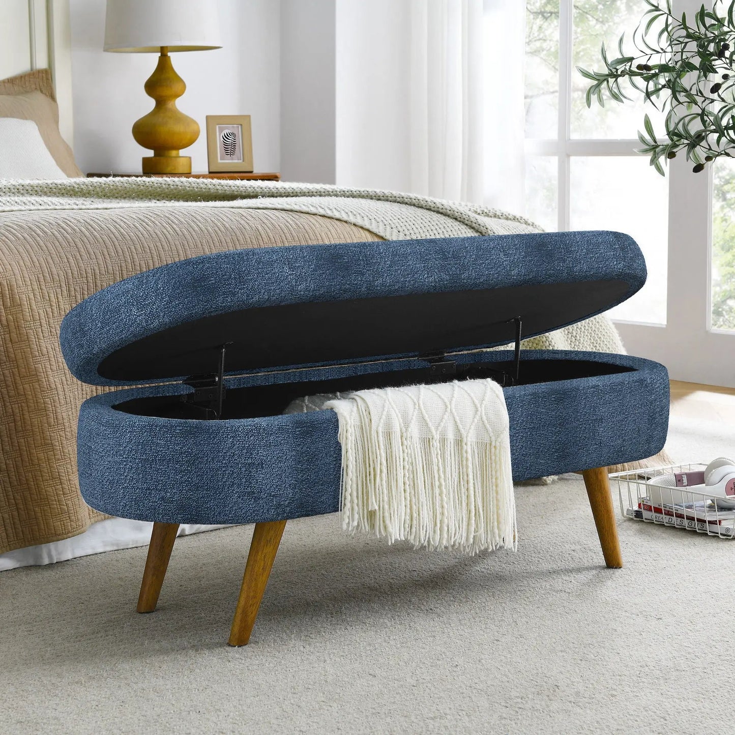 Ottoman Oval Storage Bench With Rubber Wood Legs