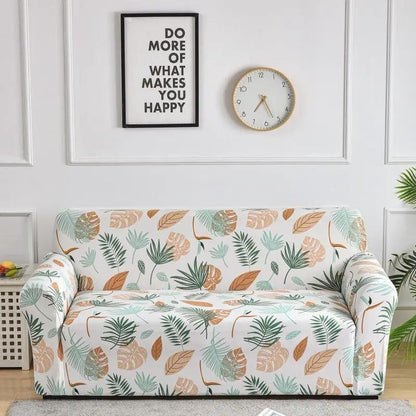Sofa cover elastic full cover with leaf print on white fabric green and peach leaves on Tampa Home & Garden Store
