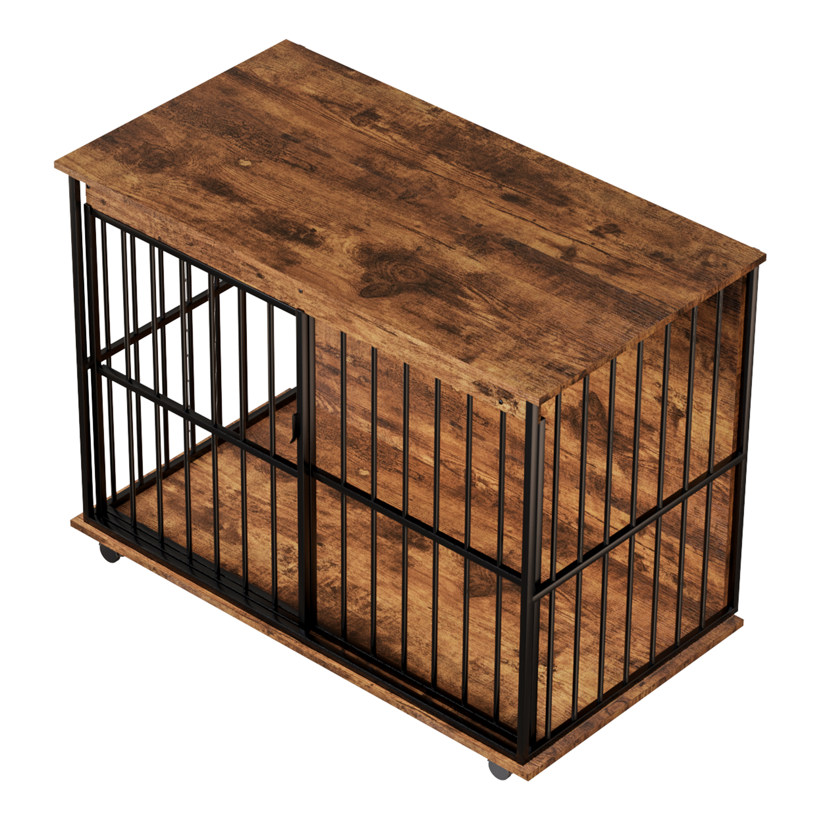 Large wooden dog crate furniture by HouseOfZazla brown top black metal frame wheels on Tampa Home & Garden Store