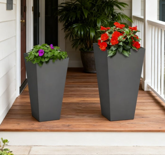 Durable & stackable 2-pack plant pots, gray square planters with purple and red blooms on porch on Tampa Home & Garden Store